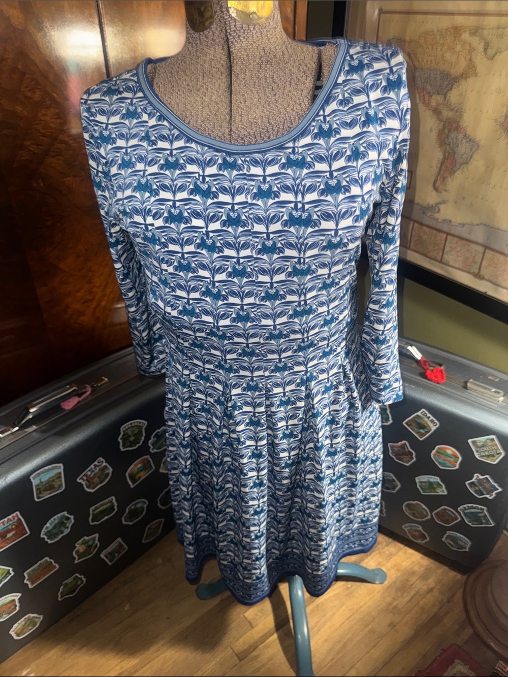 Max Studio Blue & White Batik Print 3/4 Sleeve Fit & Flare Dress, Medium